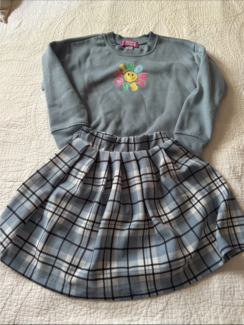 Smiley Graphic Sweatshirt & Plaid Skirt Set in Dusty Blue